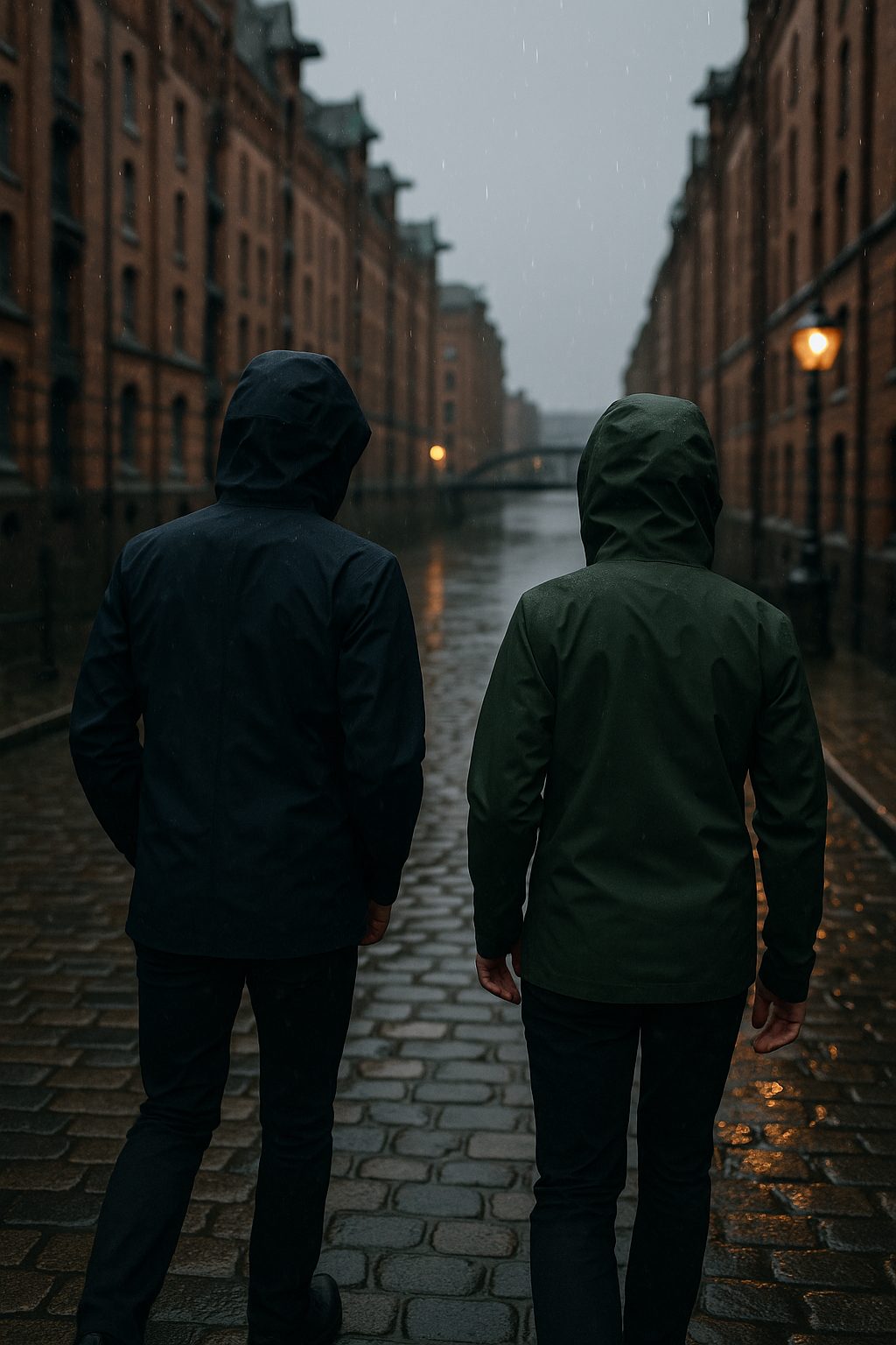 Two people walking through Hamburg's Speicherstadt district in the rain, wearing Rainburg technical jackets