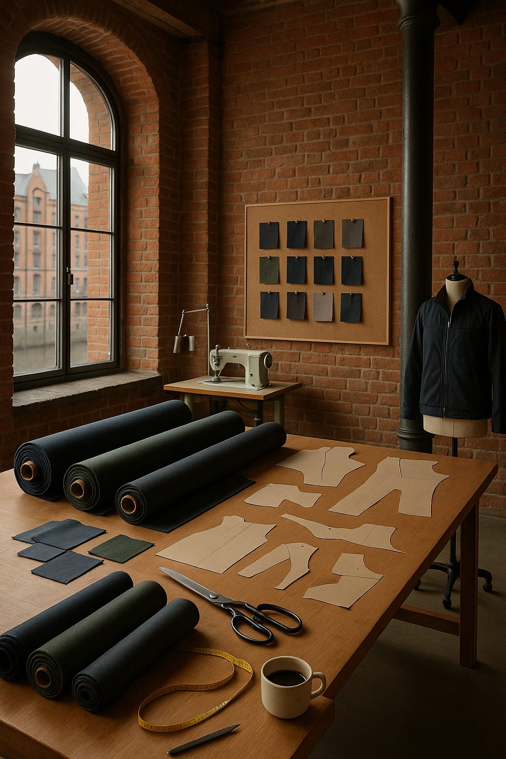 Rainburg design studio in Hamburg's Speicherstadt — cutting table with technical fabric rolls, pattern pieces, and sewing machine in a converted brick warehouse