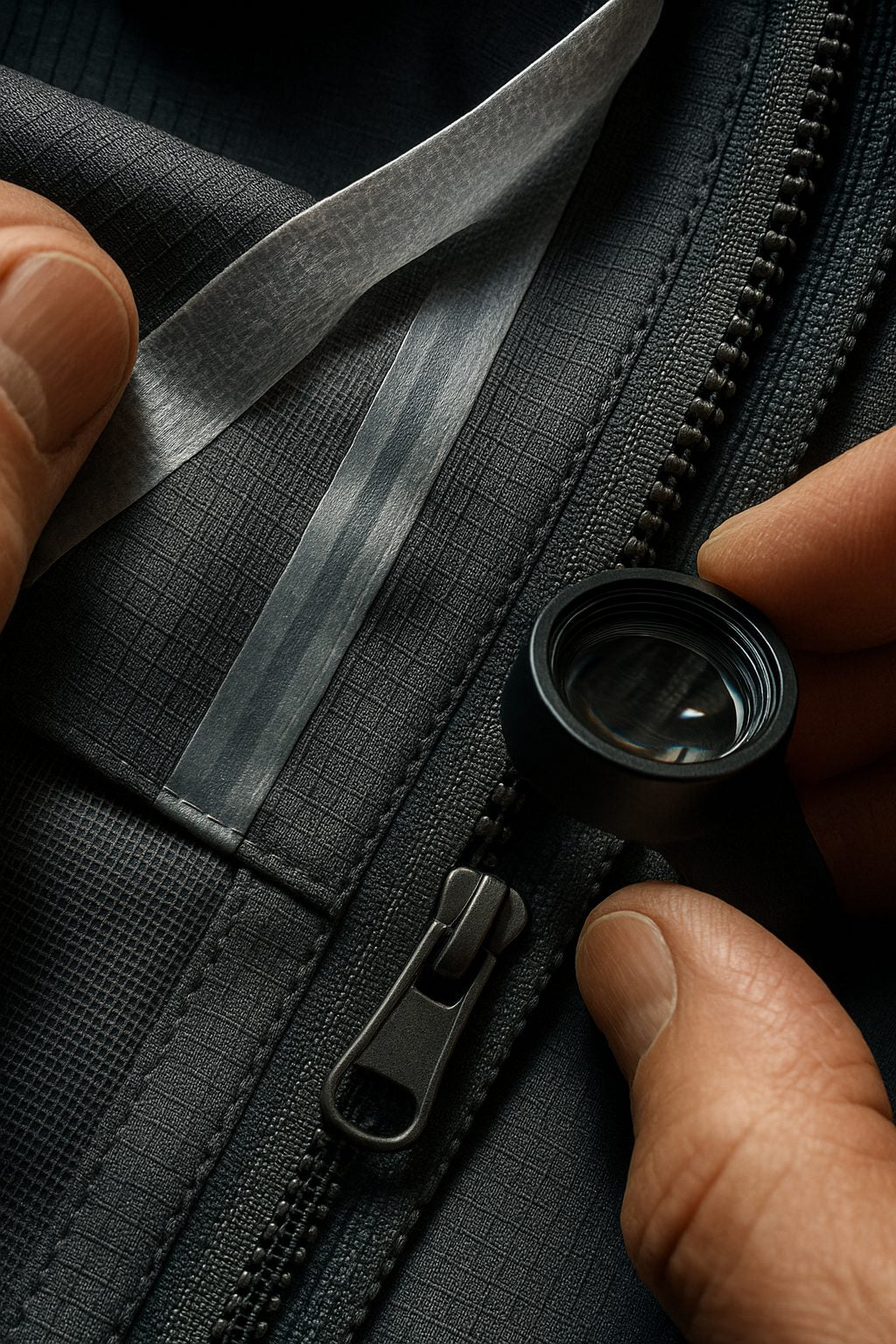Close-up of Rainburg jacket construction — heat-sealed taped seams, YKK zipper, and waterproof membrane layers being inspected with a loupe